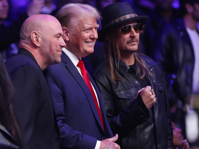 Donald Trump poses with UFC president Dana White, and Kid Rock during a UFC event in New York.