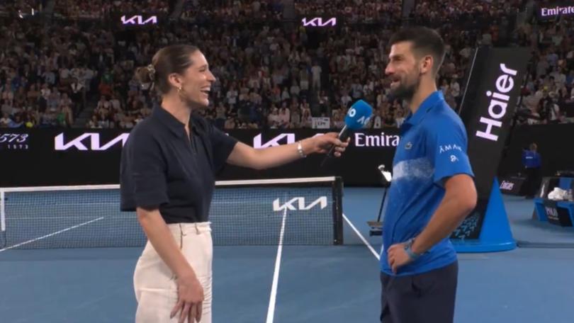 Djokovic’s mood quickly changed when he got on the mic.