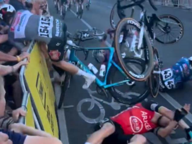 The multi-rider crash at the Tour Down Under sent a woman to hospital.