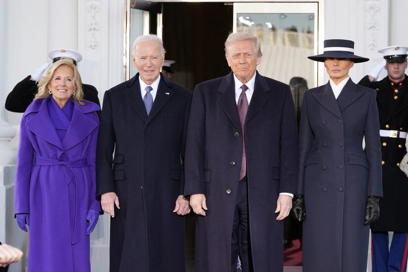 President-elect Donald Trump and Melania Trump are greeted by President Joe Biden and first lady Jill Biden, upon their arrival at the White House, Monday, Jan. 20, 2025, in Washington. (AP Photo/Alex Brandon)