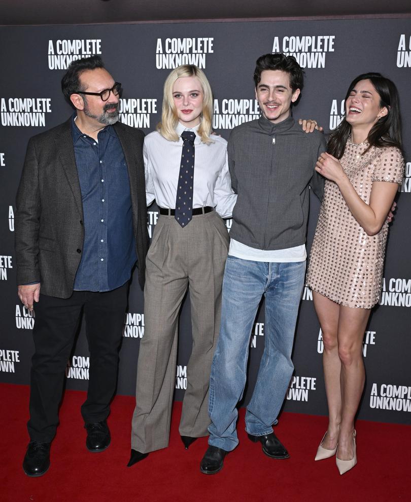 James Mangold, Elle Fanning, Timothée Chalamet and Monica Barbaro in London.