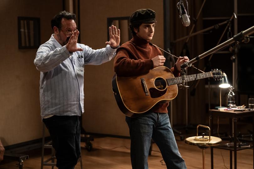 James Mangold and Timothee Chalamet on the set of A Complete Unknown.