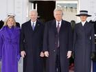 President-elect Donald Trump and Melania Trump are greeted by President Joe Biden and first lady Jill Biden, upon their arrival at the White House, Monday, Jan. 20, 2025, in Washington. (AP Photo/Alex Brandon)