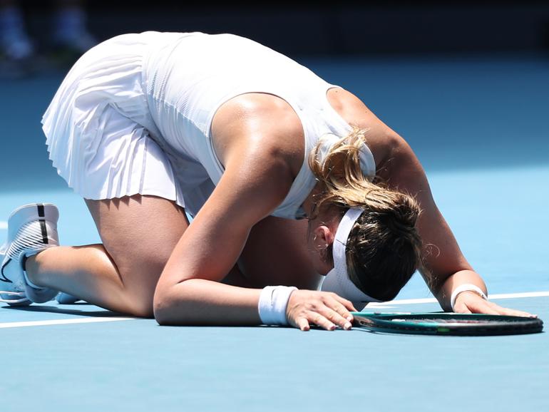 Paula Badosa of Spain celebrates winning the match point against Coco Gauff of the United States.