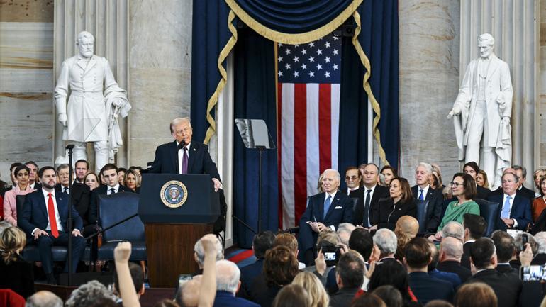 President Donald Trump delivers his inaugural address.