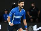 Novak Djokovic roars as he celebrates winning match-point in the quarter-final with Carlos Alcaraz.