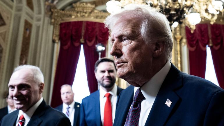 President Donald Trump leaves the President’s Room with House Majority Leader Steve Scalise (R-Louisiana) and Vice President JD Vance after being sworn in Monday.