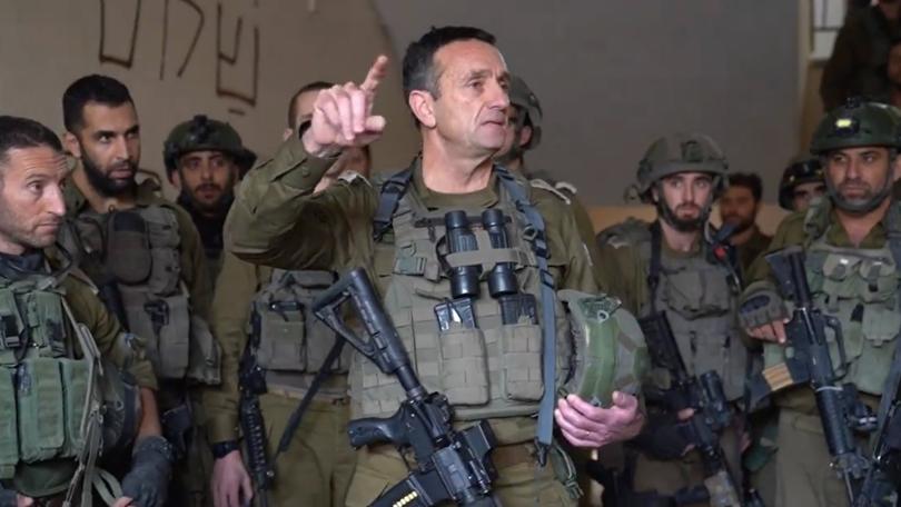 IDF Lieutenant-General Herzi Halevi addressing Israeli troops in December 2023.