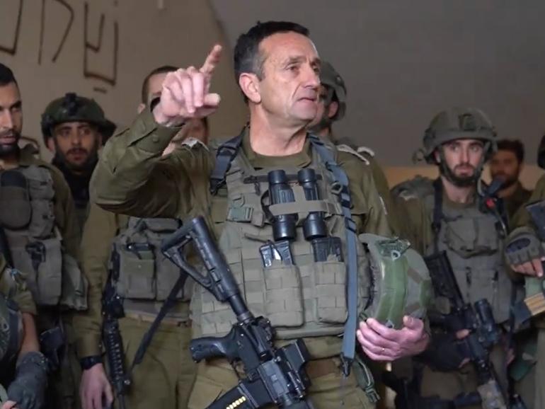 IDF Lieutenant-General Herzi Halevi addressing Israeli troops in December 2023.