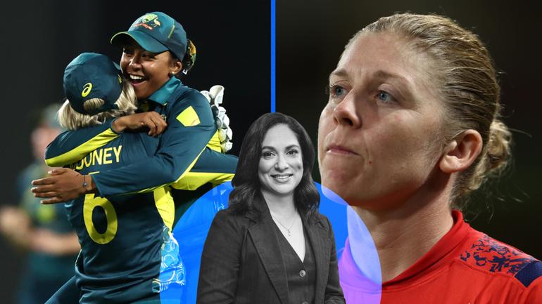 The Australian team celebrate sealing the Ashes and England's Heather Knight in despair.