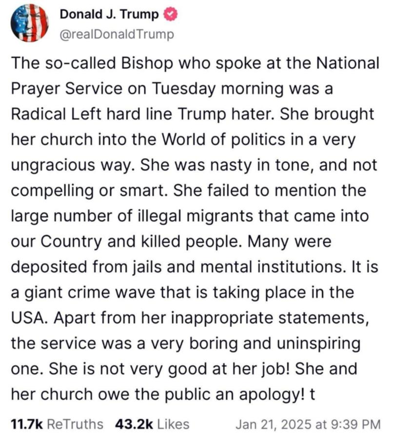 The President took to his social media platform, Truth Social, to lay into the ‘so-called Bishop’.