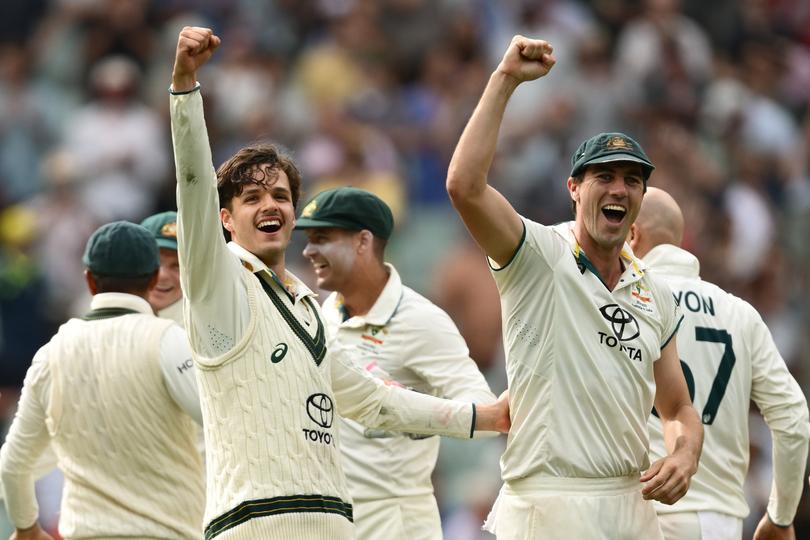 Sam Konstas and Pat Cummins celebrate their miracle MCG Test win.