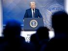 President Donald J. Trump appears on a screen as he addresses the 55th annual meeting of the World Economic Forum via videolink.