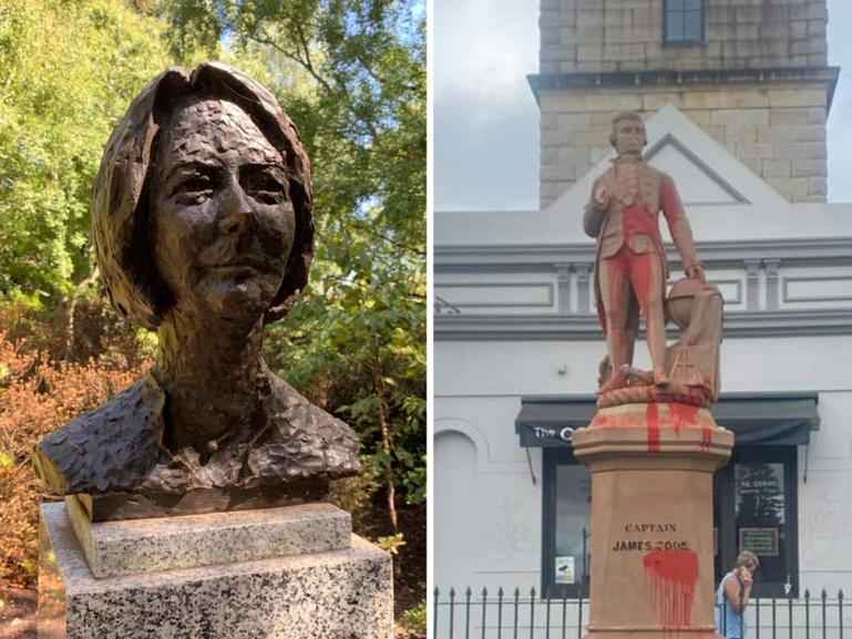 The heads of two bronze statues of former Australian PMs have been decapitated and a James Cook statue has been coated with red paint.