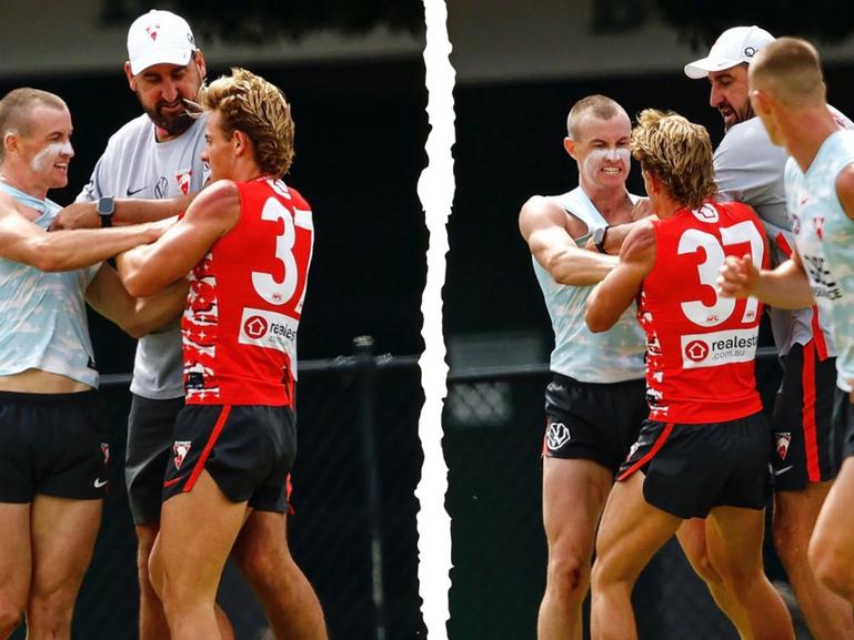 Sydney superstar Chad Warner and his brother Corey has to be separated by new coach Dean Cox during a feisty match simulation at training on Friday.