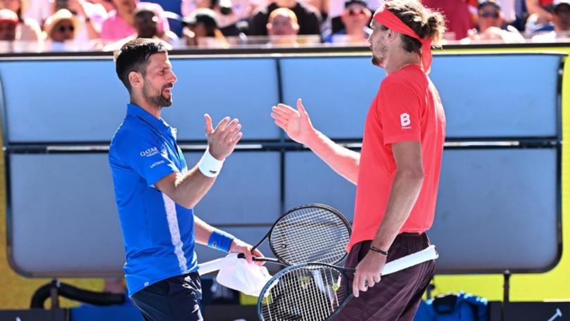 Novak Djokovic (L) quits after losing the first set of his Open semi-final against Alexander Zverev. 