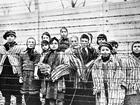 A group of child survivors behind a barbed wire fence at the Nazi concentration camp at Auschwitz-Birkenau in southern Poland, on the day of the camp’s liberation by the Red Army, January 27, 1945. Photo taken by Red Army photographer Captain Alexander Vorontsov during the making of a film about the liberation of the camp. The children were dressed in adult uniforms by the Russians. The children are (left to right): Tomy Schwarz (later Shacham), Miriam Ziegler, Paula Lebovics (front), Ruth Webber, Berta Weinhaber (later Bracha Katz), Erika Winter (later Dohan), Marta Weiss (later Wise), Eva Weiss (later Slonim), Gabor Hirsch (just visible behind Eva Weiss), Gabriel Neumann, Robert Schlesinger (later Shmuel Schelach), Eva Mozes Kor, and Miriam Mozes Zeiger.