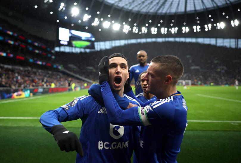 Bilal El Khannouss of Leicester City celebrates scoring his team's second goal with teammate Jamie Vardy.