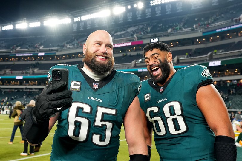 Lane Johnson and Jordan Mailata celebrate beating the Green Bay Packers 22-10 during the NFC Wild Card Playoff earlier this month.