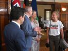 Prime Minister Anthony Albanese, fiancee Jodie Haydon and 2021 Australian of the Year Grace Tame during a morning tea at the Lodge in Canberra, Saturday, January 25, 2025.