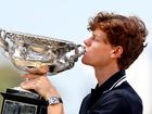 MELBOURNE, AUSTRALIA - JANUARY 27: Jannik Sinner of Italy poses with the Norman Brookes Challenge Cup during the 2025 Australian Open Men's champion media opportunity at Albert Park Lake on January 27, 2025 in Melbourne, Australia. Sinner defeated Alexander Zverev of Germany in last night's Men's Singles Final. (Photo by Kelly Defina/Getty Images)