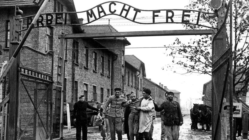 Concentration camp victims are led through the Auschwitz-Birkenau camp gate in 1945 in this photo found recently in Moscow. 