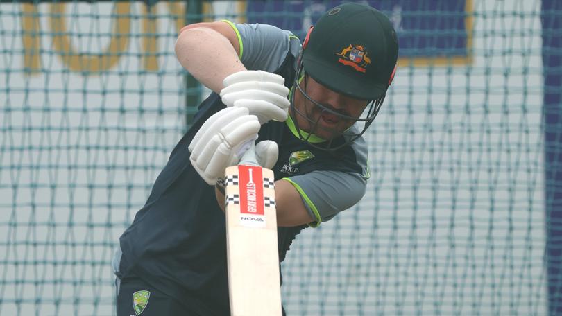 Travis Head bats during an Australia nets session at Galle on Sunday.