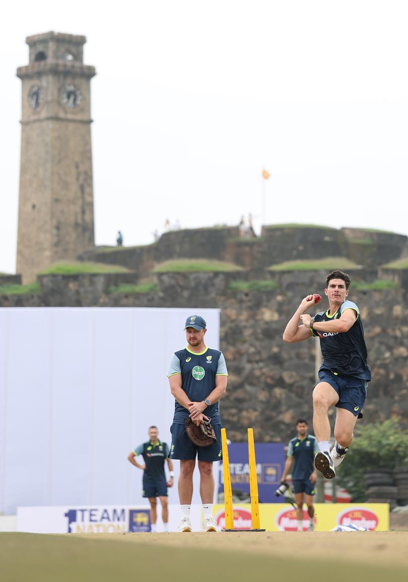 Sean Abbott of Australia bowls during an Australia nets session at Galle.