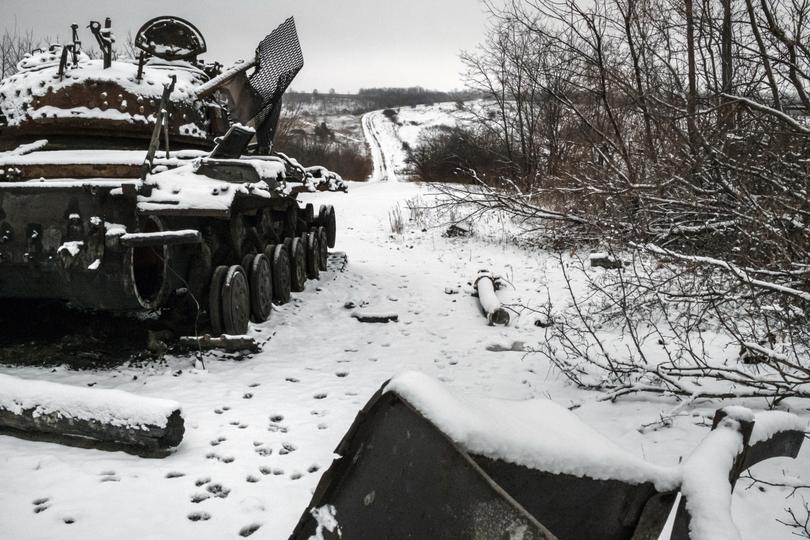 A destroyed Ukrainian tank hit by a Russian drone last May remains in pieces alongside the road between villages not far from the front line in the Kharkiv region, in northern Ukraine, on Dec. 7, 2024. 