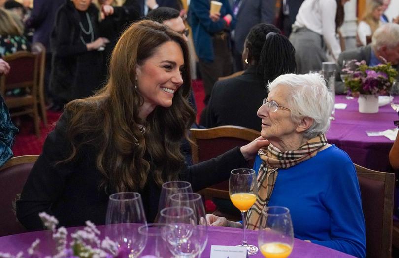 Catherine, Princess of Wales talks with survivor Yvonne Bernstein at a ceremony to commemorate Holocaust Memorial Day and the 80th anniversary of the liberation of Auschwitz-Birkenau in London.