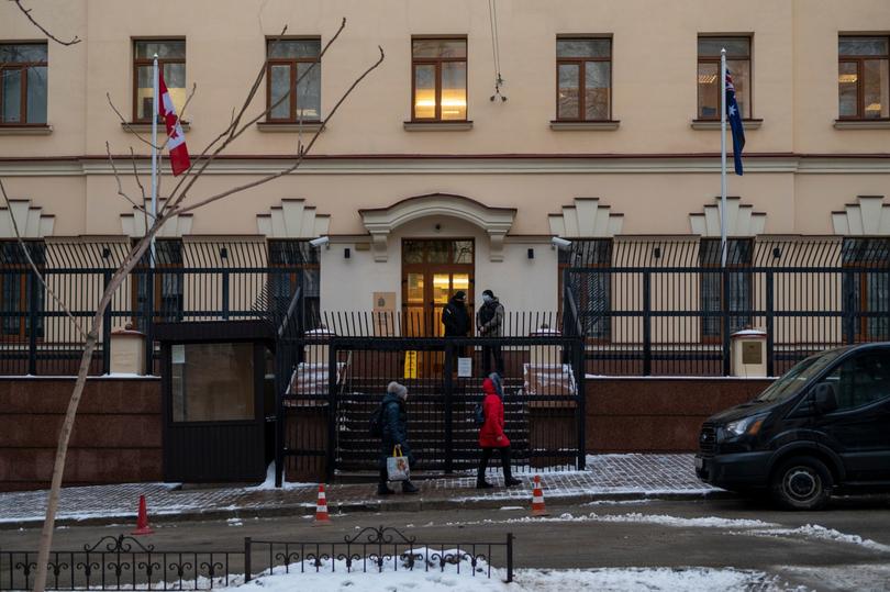 The Kyiv building where Canada and Australia’s embassies are located.