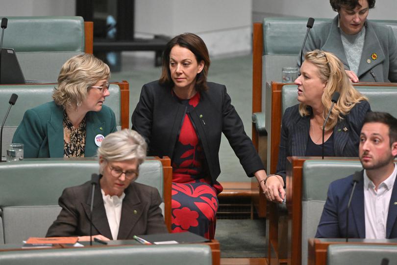 Independent Member for Warringah Zali Steggall, Independent member for Mackellar Sophie Scamps and Independent member for North Sydney Kylea Tink during Question Time in the House of Representatives at Parliament House in Canberra.