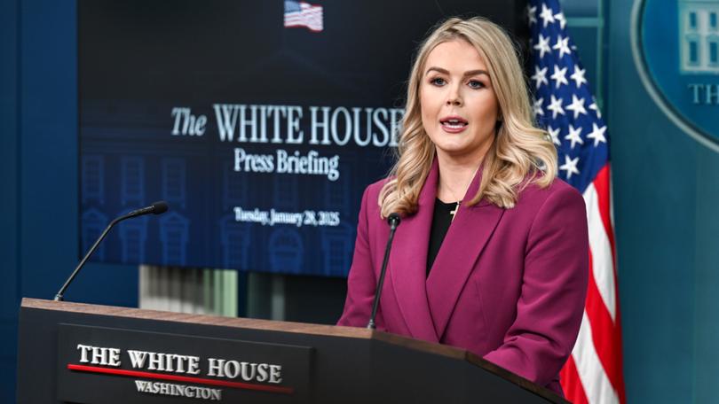 White House Press Secretary Karoline Leavitt at the first press briefing of the new Trump administration in the James S. Brady Press Briefing Room in the White House.