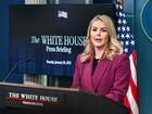 White House Press Secretary Karoline Leavitt at the first press briefing of the new Trump administration in the James S. Brady Press Briefing Room in the White House.