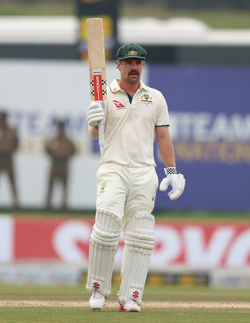 GALLE, SRI LANKA - JANUARY 29: Travis Head of Australia celebrates after scoring a half century during day one of the First Test match in the series between Sri Lanka and Australia at Galle International Stadium on January 29, 2025 in Galle, Sri Lanka.  (Photo by Robert Cianflone/Getty Images)