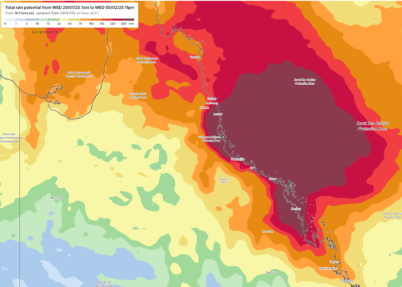 Total potential rainfall through shows the risk of more than 300mm along a large part of the northern Queensland coast, from Mackay right up to Cairns.