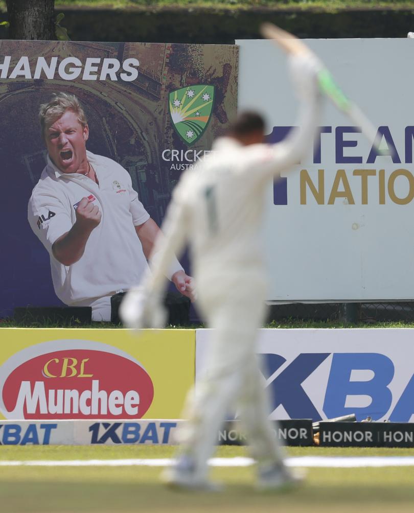 GALLE, SRI LANKA - JANUARY 30: Usman Khawaja of Australia celebrates scoring his double century during day two of the First Test match in the series between Sri Lanka and Australia at Galle International Stadium on January 30, 2025 in Galle, Sri Lanka. (Photo by Robert Cianflone/Getty Images)