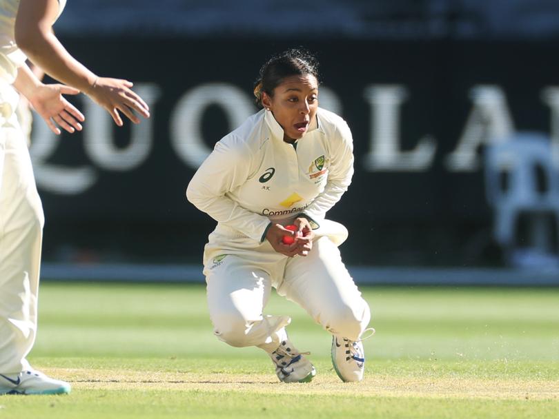 Alana King takes a catch off her own delivery to dismiss Sophia Dunkley.