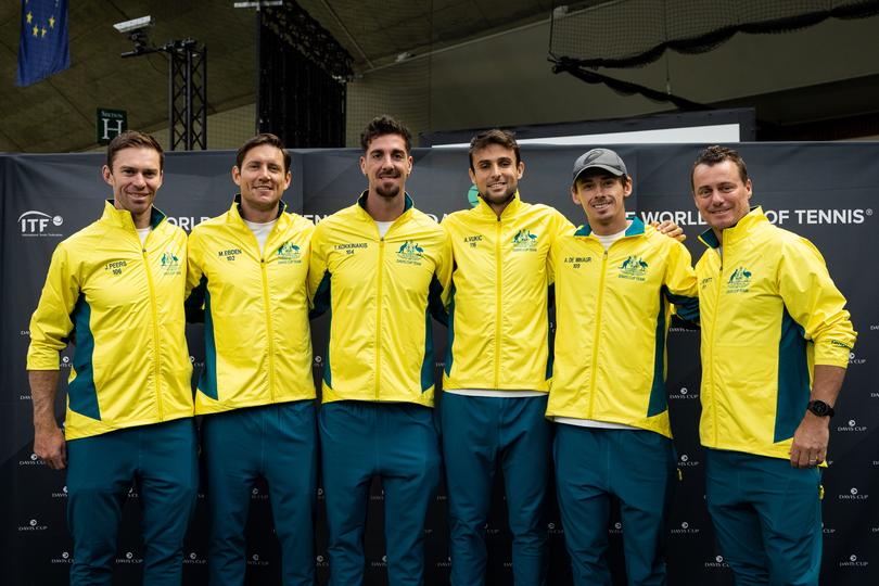 John Peers, Matthew Ebden, Thanasi Kokkinakis, Aleksandar Vukic, Alex De Minaur, and Lleyton Hewitt  during the draw ceremony for the Davis Cup qualifier between Sweden and Australia in Stockholm.