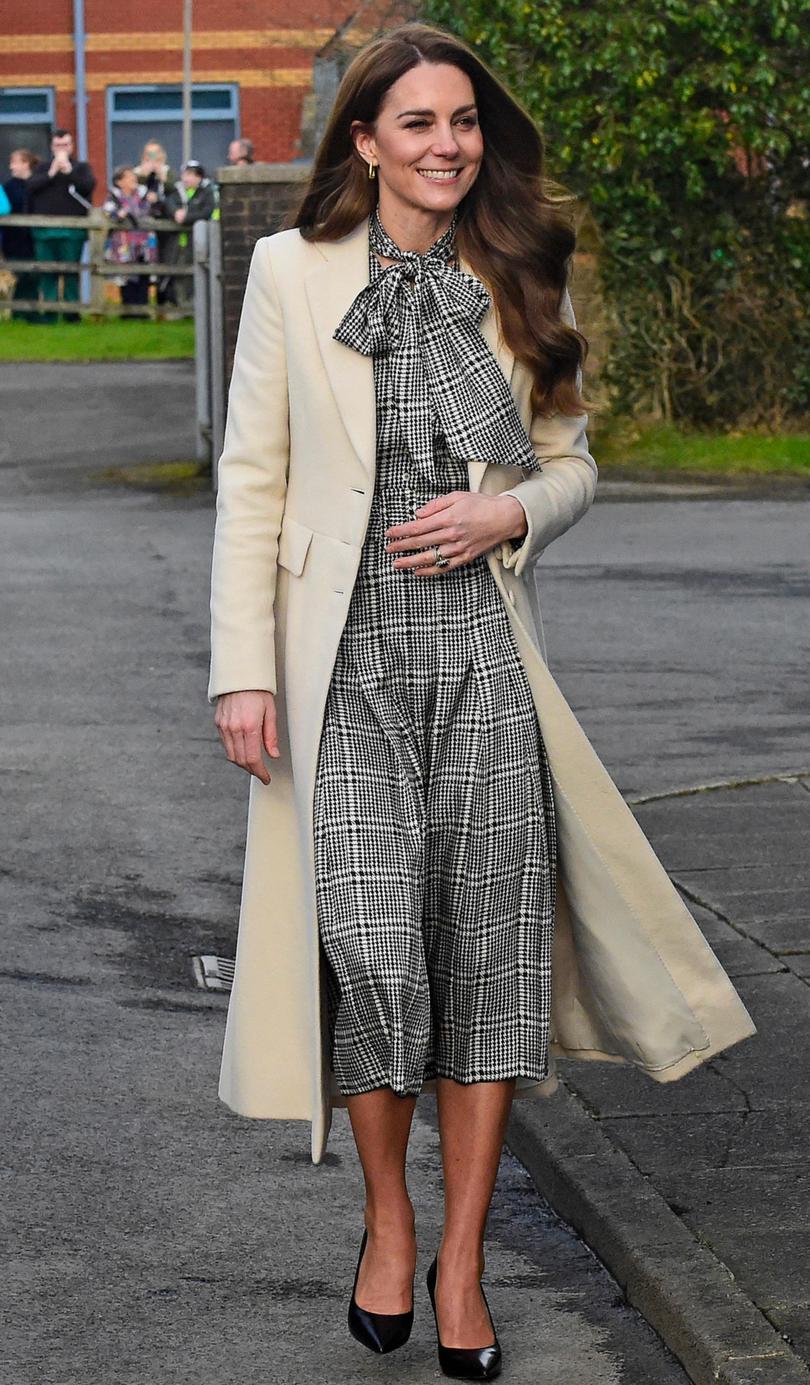 Catherine, Princess of Wales arrives for a visit to Corgi, a family-run textiles manufacturer.