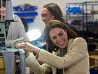 Catherine, Princess of Wales spends time with members of the production team on the factory floor during a visit to Corgi, a family run textiles manufacturer focused on the production of socks and knitwear.