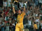 Michael Bevan celebrates after hitting a four off the last ball against the West Indies at the SCG in 1996.