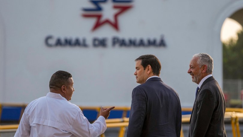 US Secretary of State Marco Rubio, centre, talks to Panama Canal Authority Administrator Ricaurte Vasquez, right, and a worker during a tour at the Miraflores locks of the Panama Canal in Panama City on February 2, 2025.