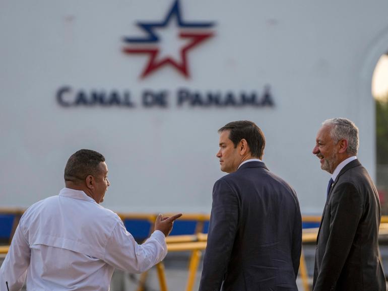 US Secretary of State Marco Rubio, centre, talks to Panama Canal Authority Administrator Ricaurte Vasquez, right, and a worker during a tour at the Miraflores locks of the Panama Canal in Panama City on February 2, 2025. 