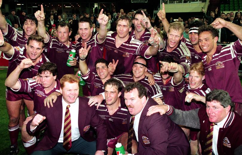 The Maroons celebrate after winning game two and the 1995 State of Origin series.