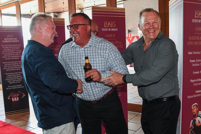 Paul Vautin, Wayne Bartrim and Trevor Gillmeister share a laugh as Queensland’s 1995 State of Origin team celebrate at a 30-year reunion on Friday.