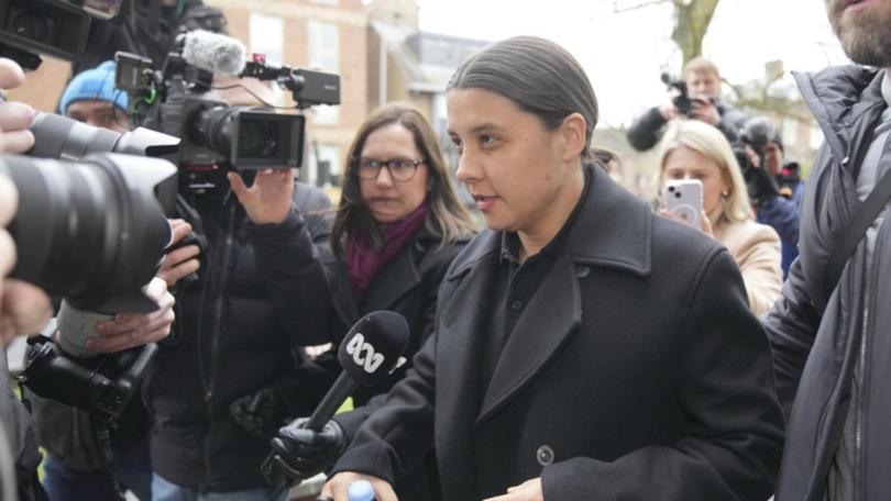 Matildas captain Sam Kerr was met by a media scrum when she arrived at court in Kingston, London.