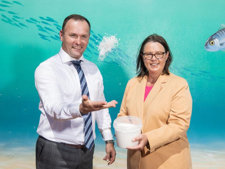 Minister Madeleine King said salt was an important commodity for WA. She is pictured with BCI Minerals MD David Boshoff. 