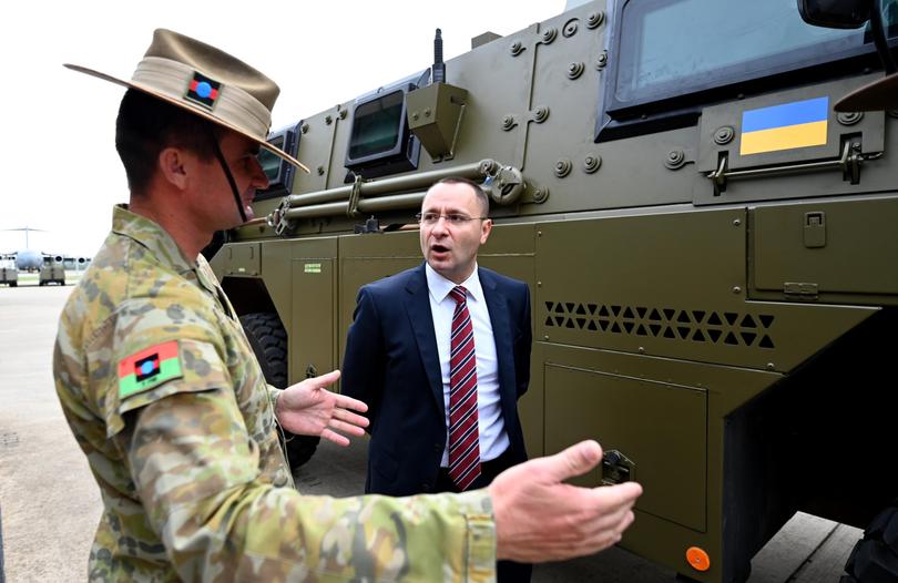 Ambassador of Ukraine to Australia Vasyl Myroshnychenko inspecting an Australian Bushmaster PMV Armoured Vehicle at the Amberley Air Base in 2022.