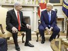 Israeli Prime Minister Benjamin Netanyahu and US President Donald J. Trump talk with reporters in the Oval Office.